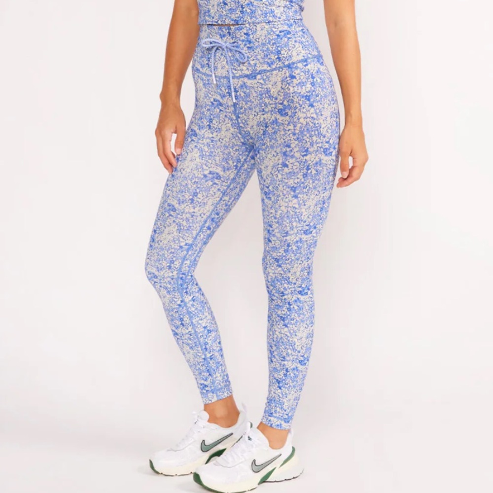 Cream Yoga drawstring high waisted Blue floral Patterned Women's Leggings ankle